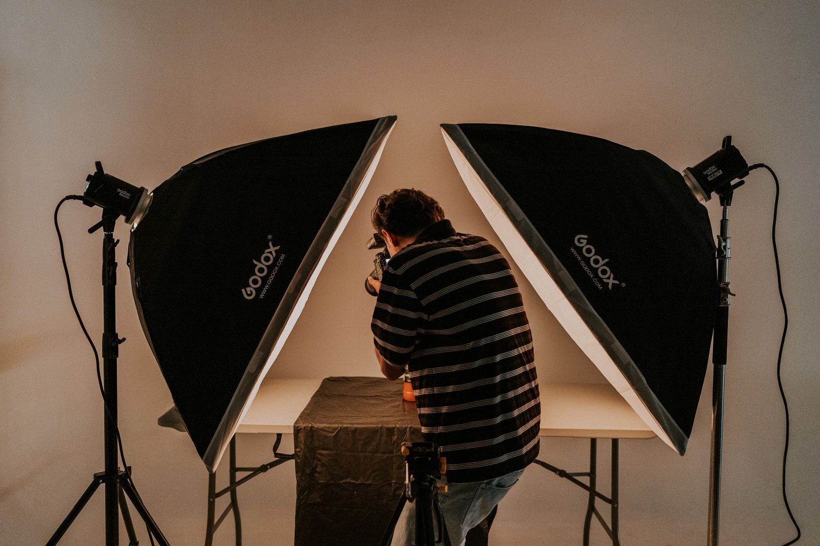 Studio lights and softboxes set up for a shoot